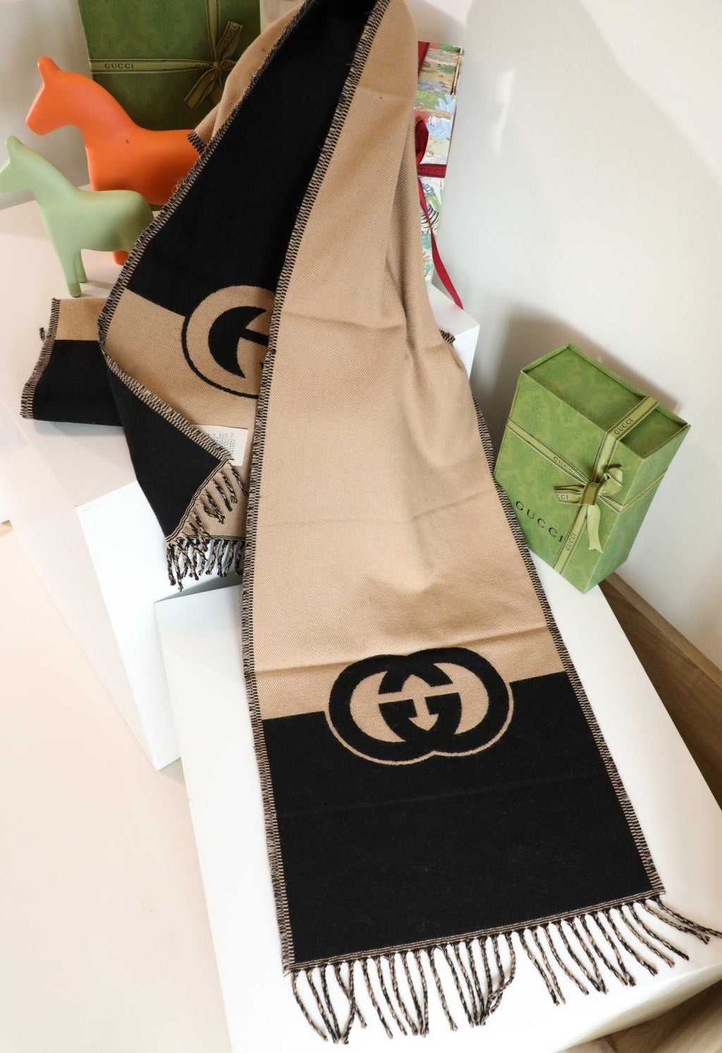 Gucci Beige and Black Fringed Scarf
