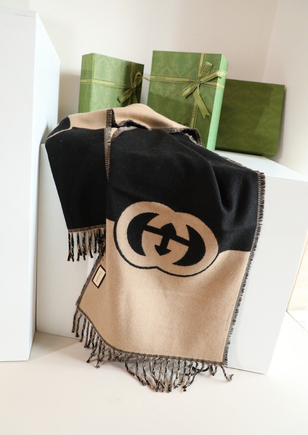 Gucci Beige and Black Fringed Scarf