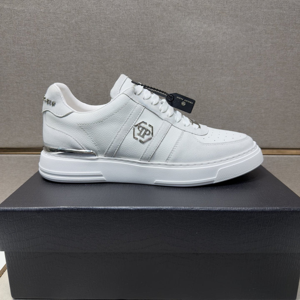 Philipp Plein White Low-Top Sneakers with Silver Accents