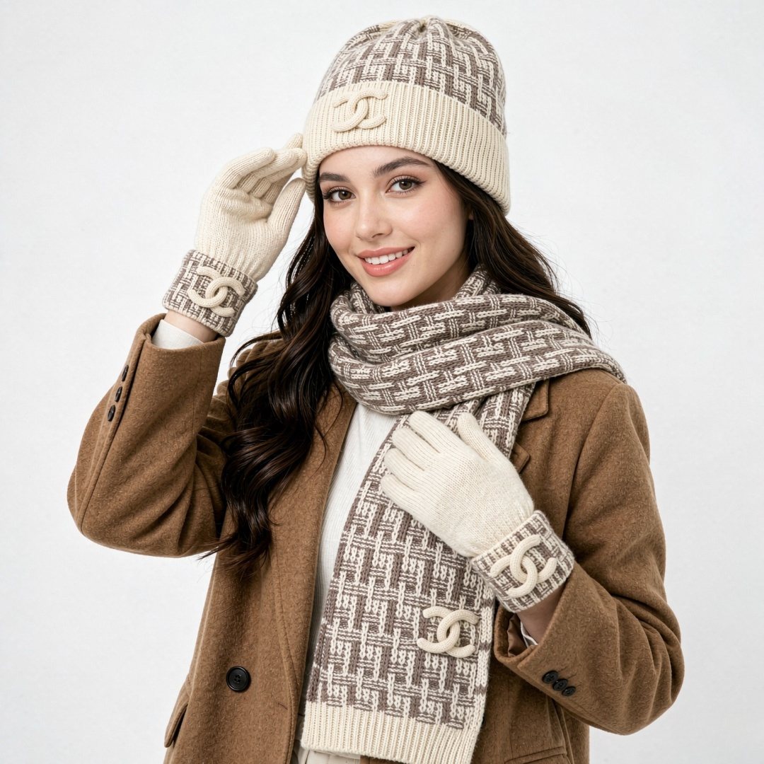 Chanel Logo Knit Hat, Scarf & Gloves Set